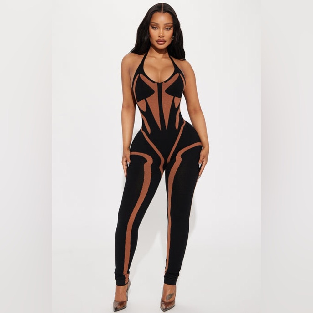 Fashion Nova Black and Brown Jumpsuit with Sheer Mesh Panels